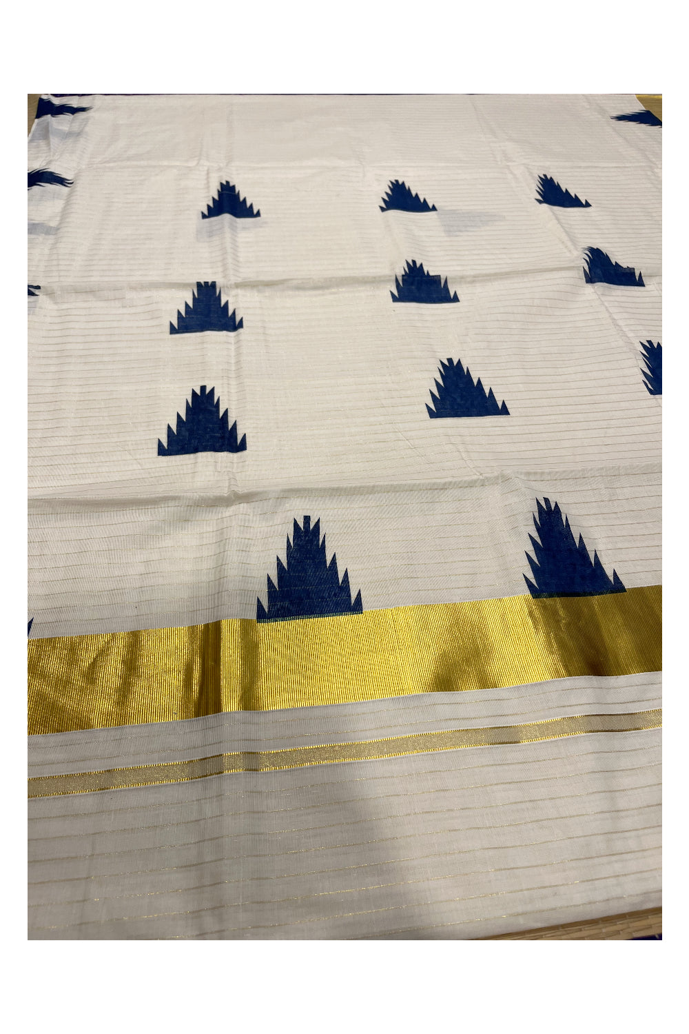 Kerala Cotton Kasavu Lines Saree With Blue Temple Prints on Border