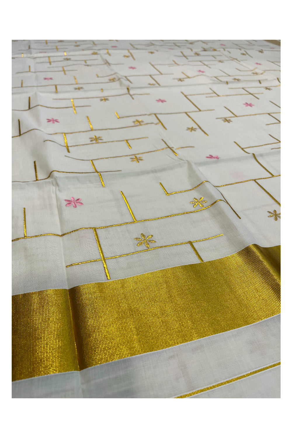 Southloom Kerala Cotton Kasavu Saree with Pink and Golden Floral Embroidery Designs