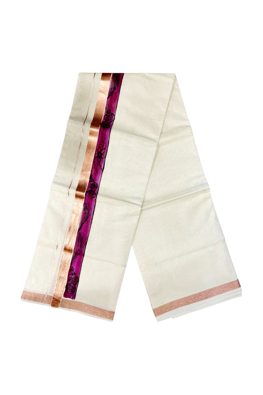 Southloom Antique Copper Kasavu Double Mundu with Hand Painted Mural Design Across Kara