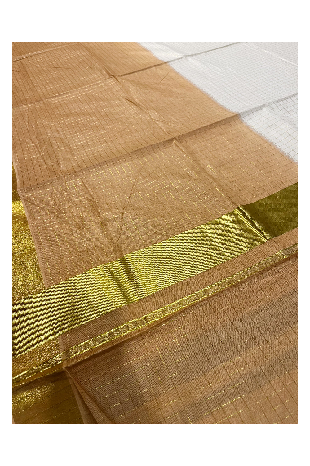 Southloom Cotton Tie & Dye - Half & Half Brownish Orange Design Saree with Kasavu Check Across Body