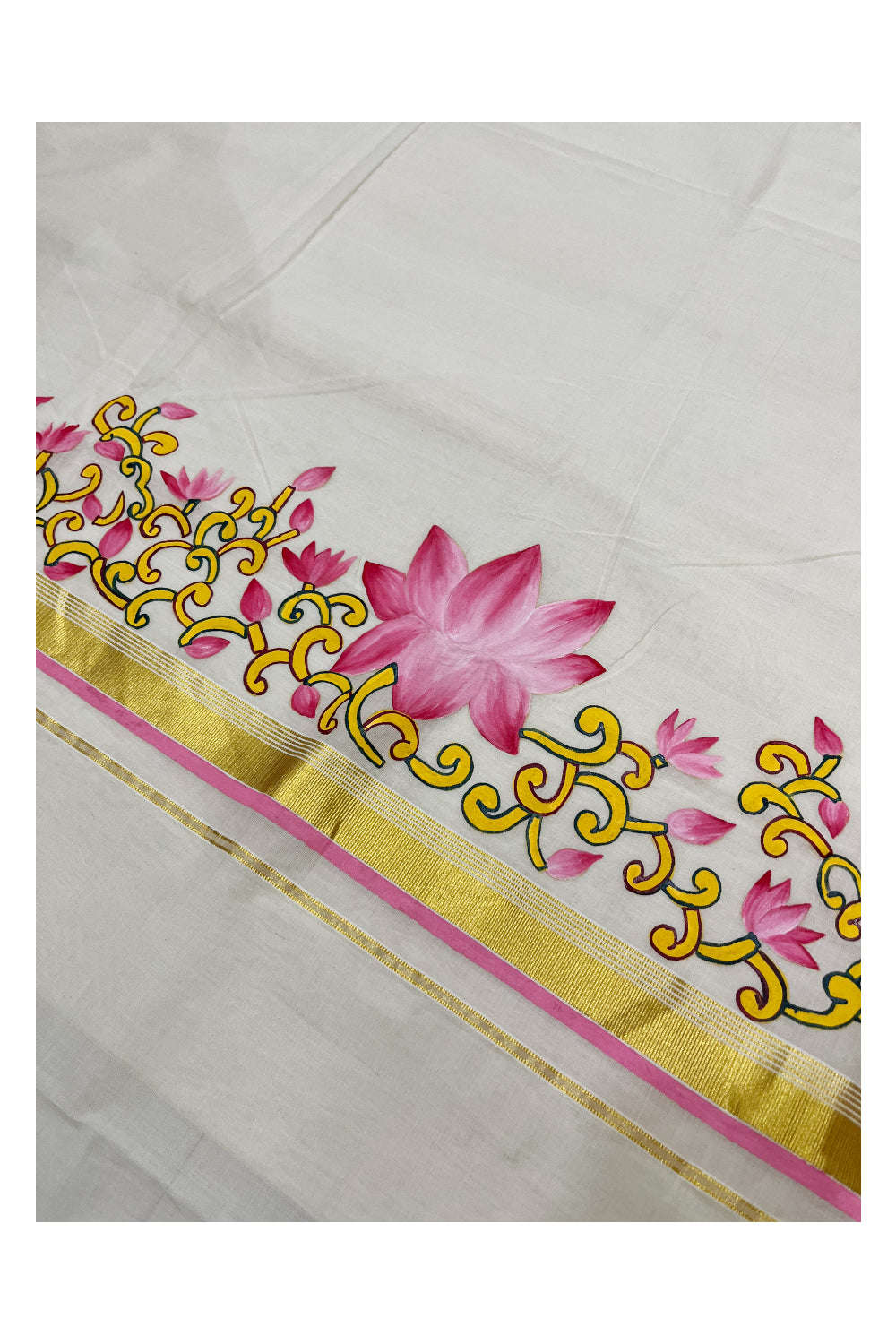 Southloom Premium Balaramapuram Unakkupaavu Handloom Saree with Pink Lotus Motifs Handpainted on Borders