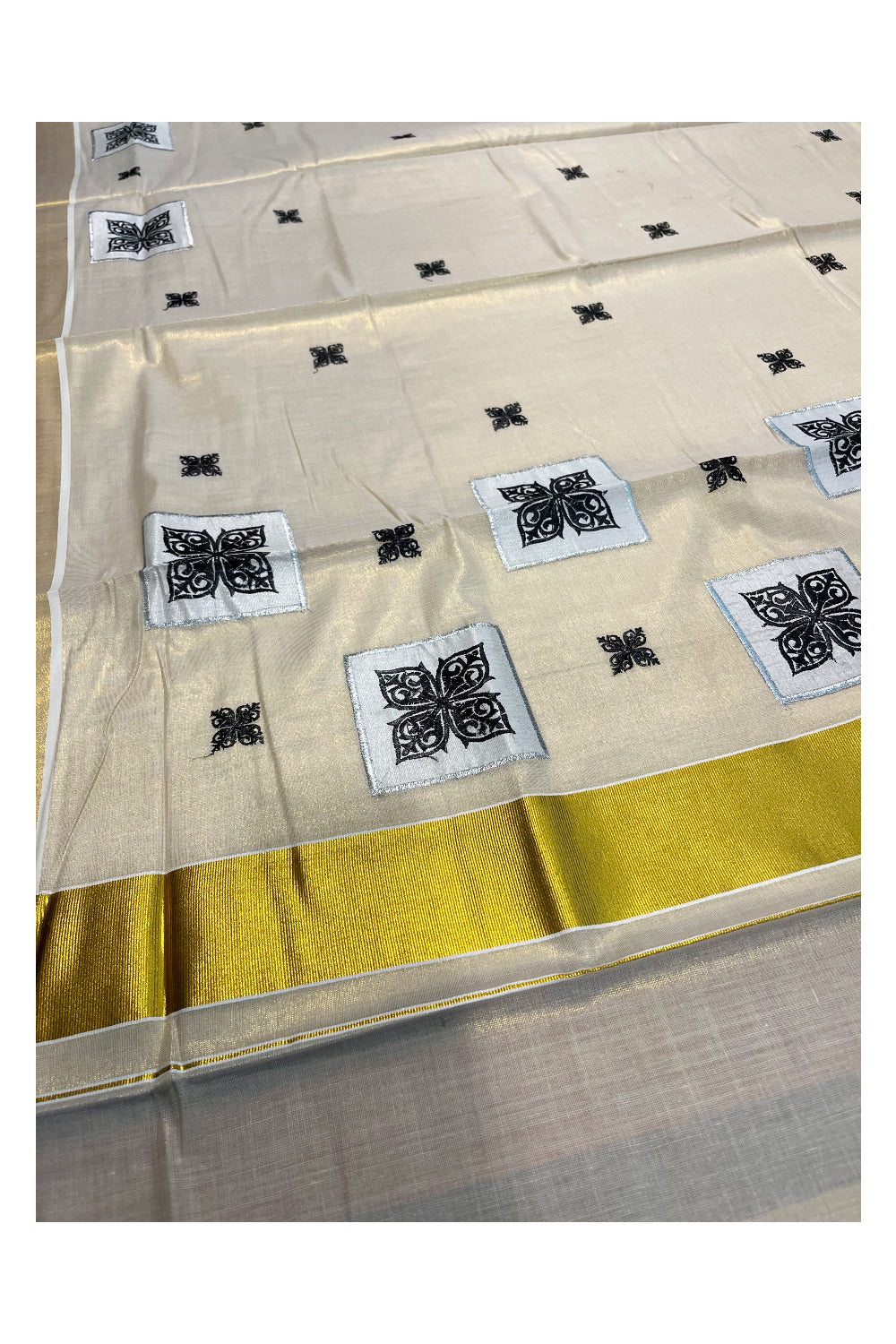 Southloom Kerala Tissue Kasavu Saree with Black Appliq Work