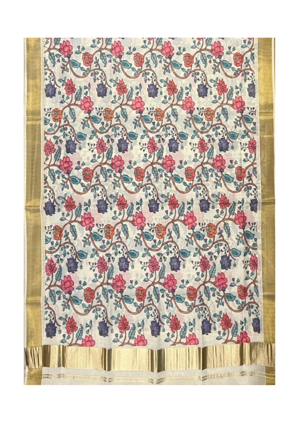 Kerala Cotton Kasavu Lines Saree with Floral Kalamkari Design