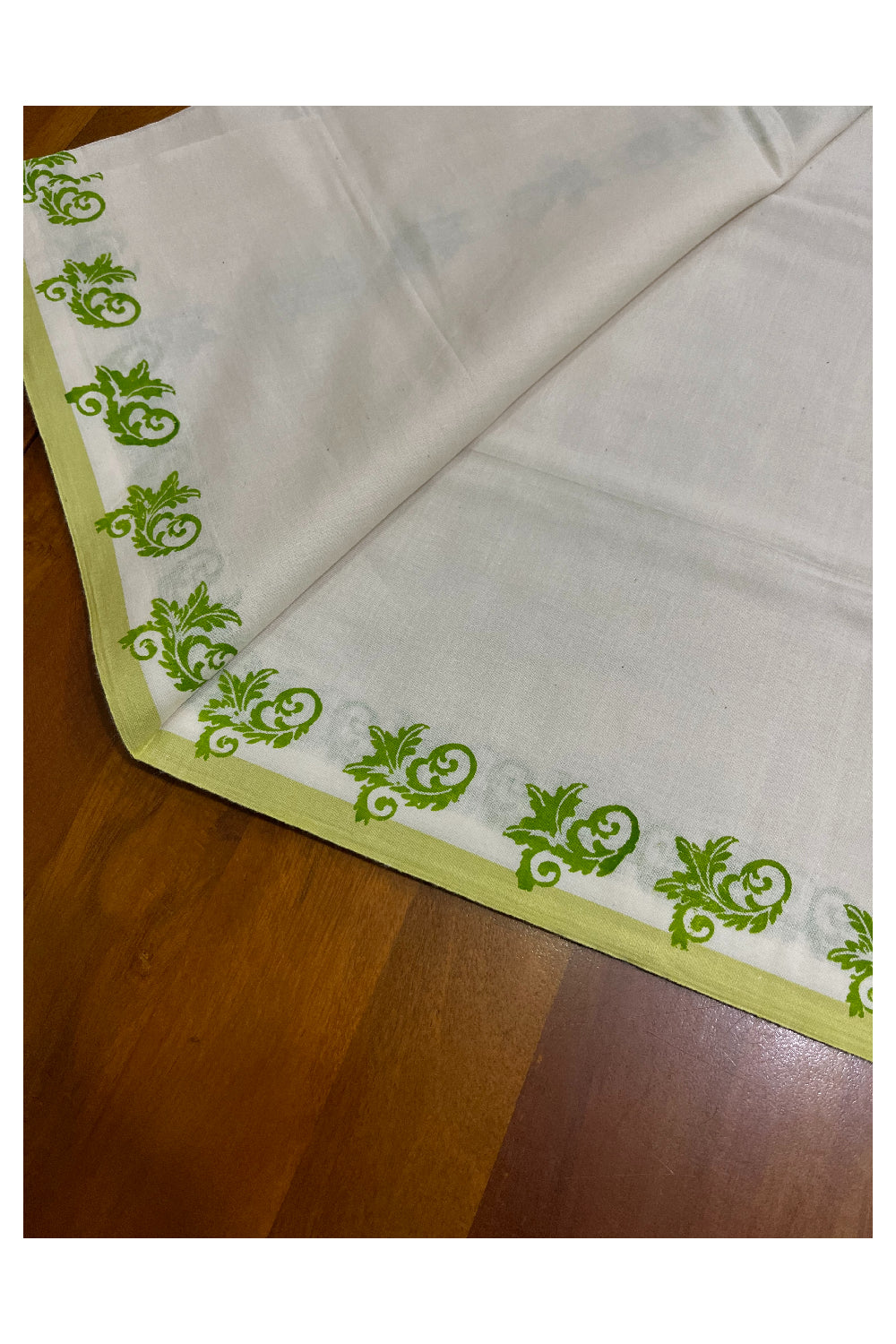 Kerala Pure Cotton Set Mundu Single (Mundum Neriyathum) with Light Green Block Prints