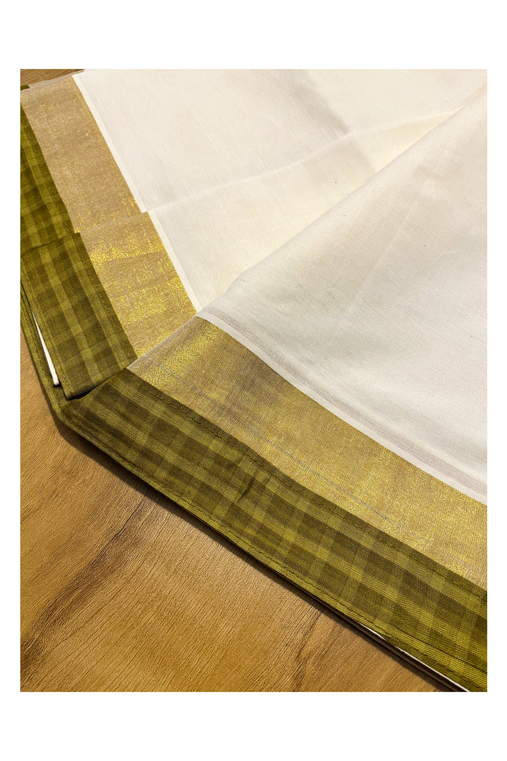 Kerala Cotton Single Set Mundu (Mundum Neriyathum) with Green Temple Applique Work Border 2.80Mtrs