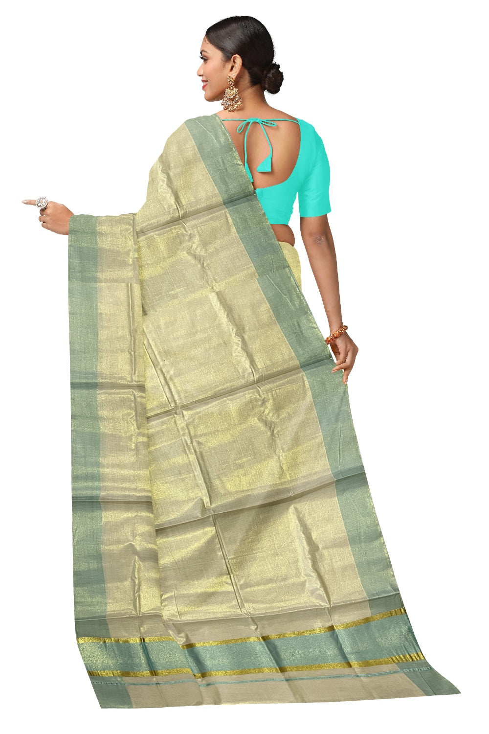 Kerala Tissue Kasavu Plain Saree with Turquoise and Kasavu Border