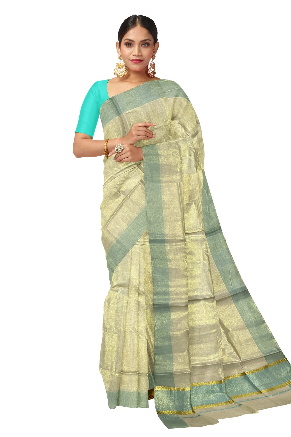 Kerala Tissue Kasavu Plain Saree with Turquoise and Kasavu Border