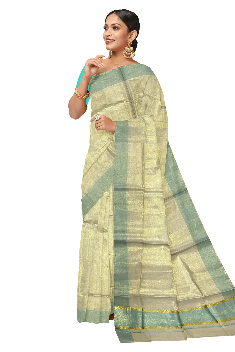 Kerala Tissue Kasavu Plain Saree with Turquoise and Kasavu Border