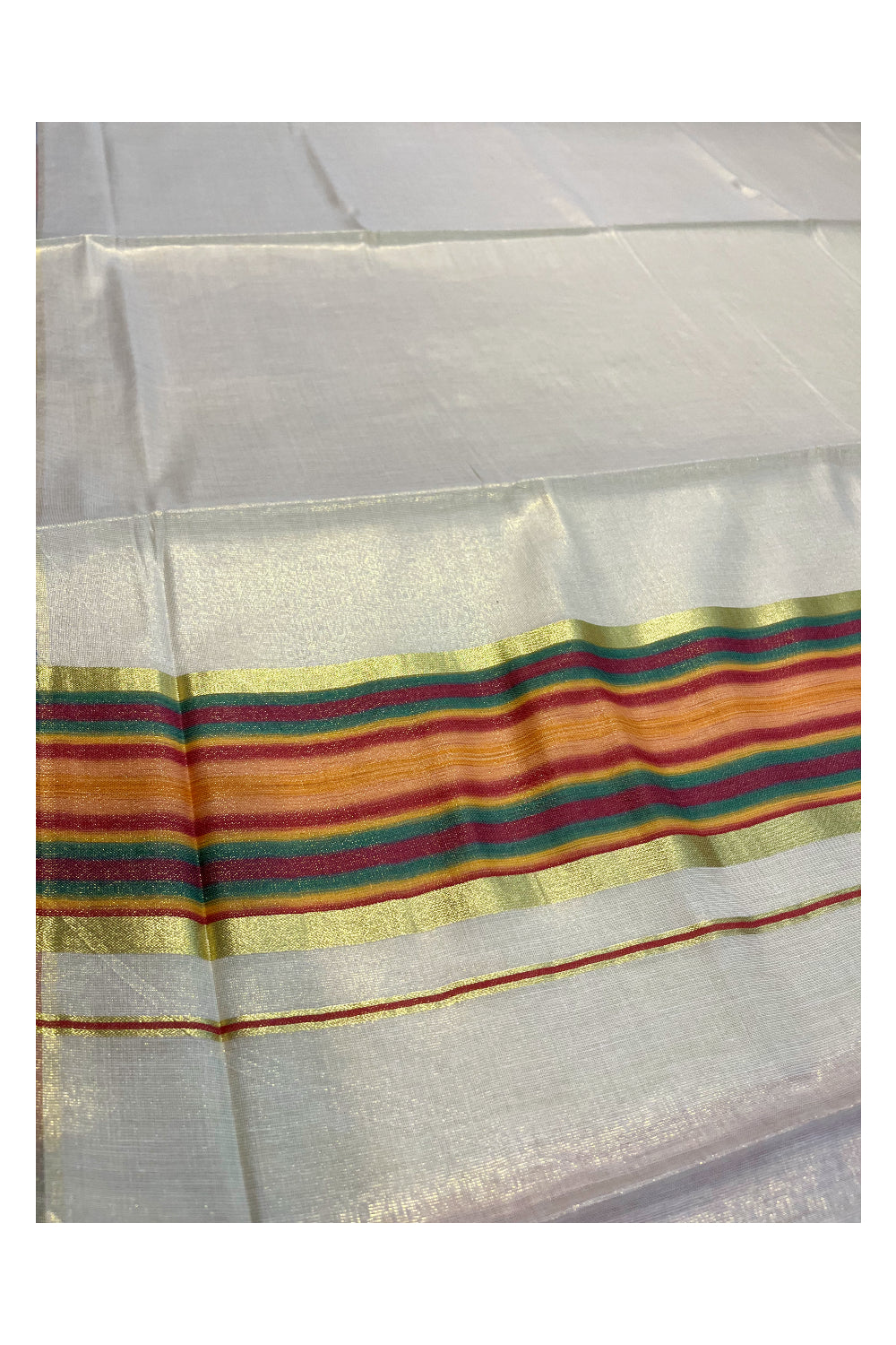 Southloom Kerala Tissue Kasavu Saree with Orange and Red,Green Pochampally Design on Borders and Kara