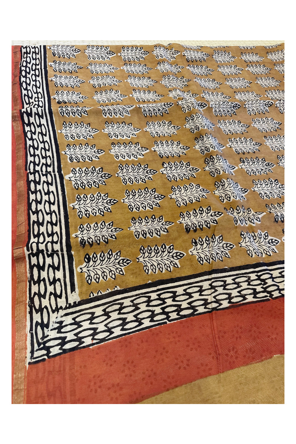 Southloom Chanderi Saree with Jaipur Hand Block Prints Across Body (Printed Blouse)