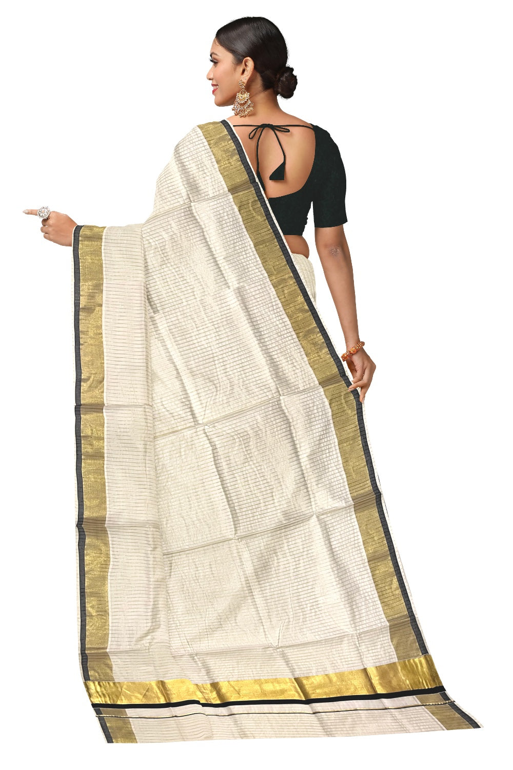 Pure Cotton Kerala Kasavu Lines Design Saree with Black Border and Tassels Work (Onam Saree 2023)