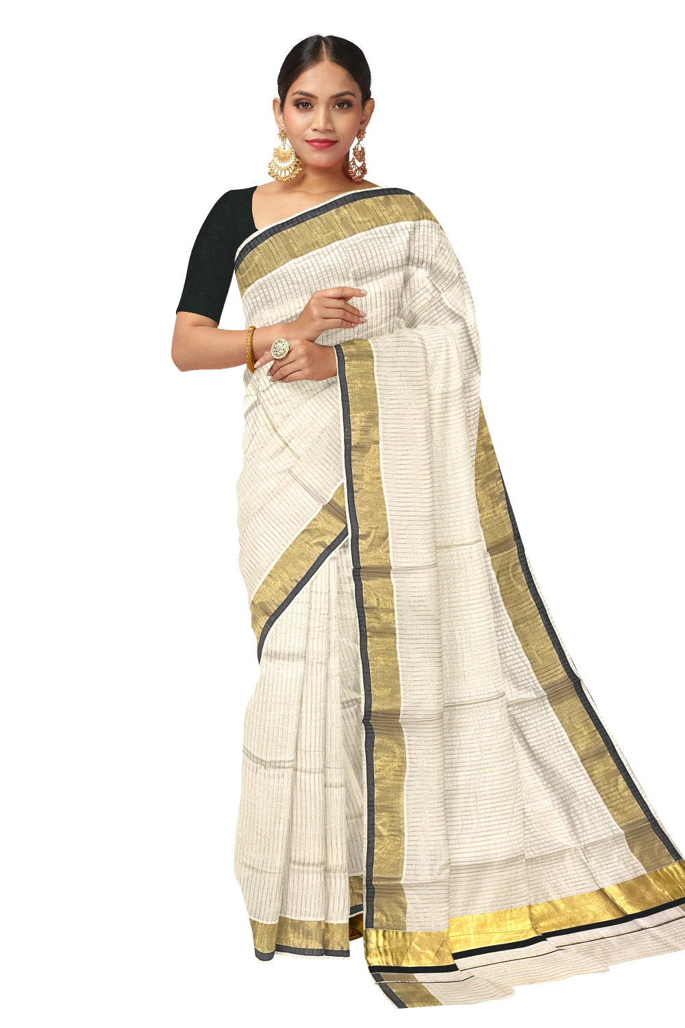 Pure Cotton Kerala Kasavu Lines Design Saree with Black Border and Tassels Work (Onam Saree 2023)