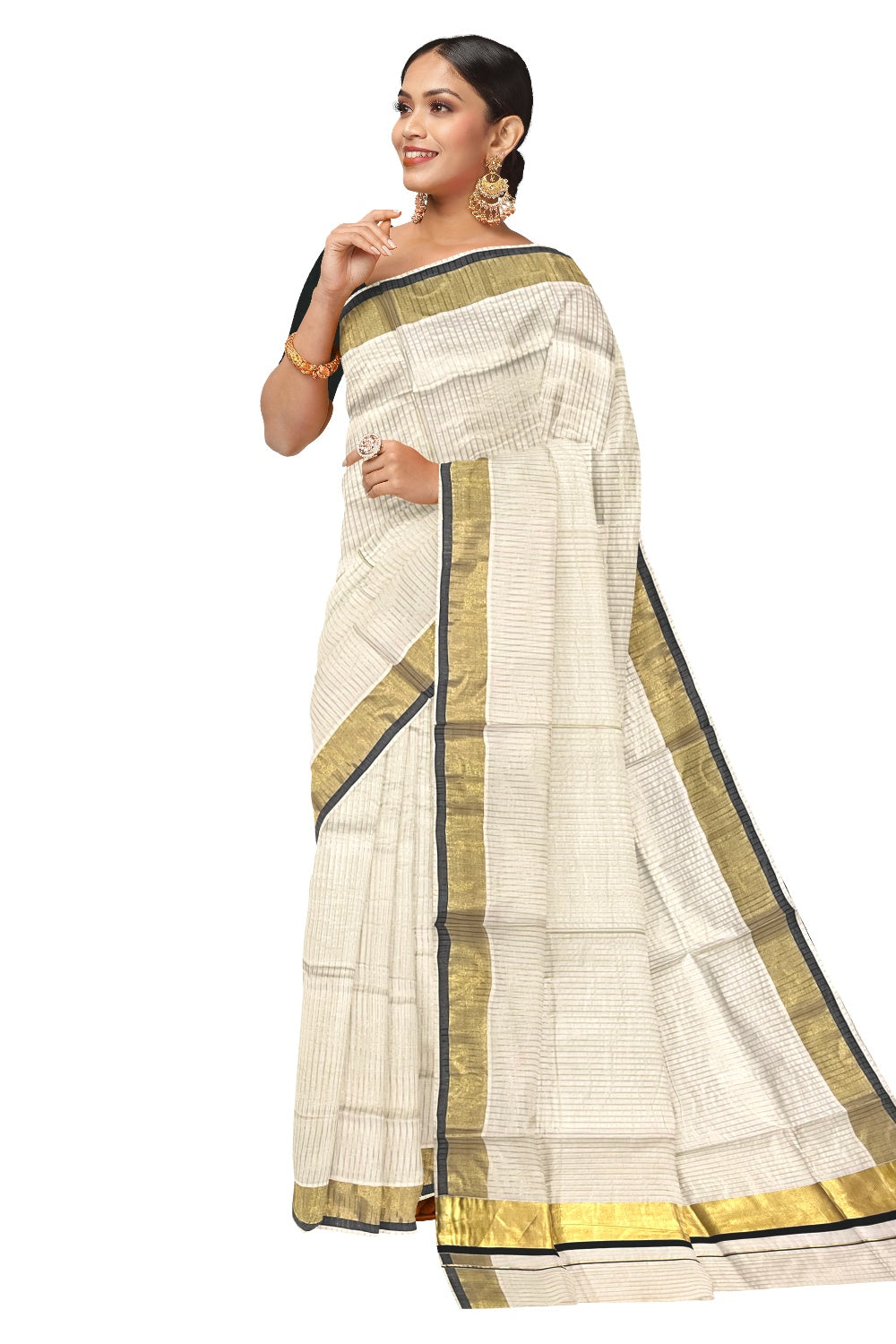 Pure Cotton Kerala Kasavu Lines Design Saree with Black Border and Tassels Work (Onam Saree 2023)