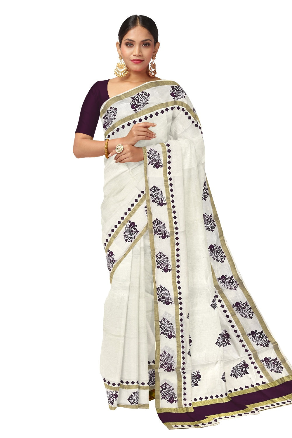 Pure Cotton Kerala Saree with Purple Peacock Block Printed Kasavu Border