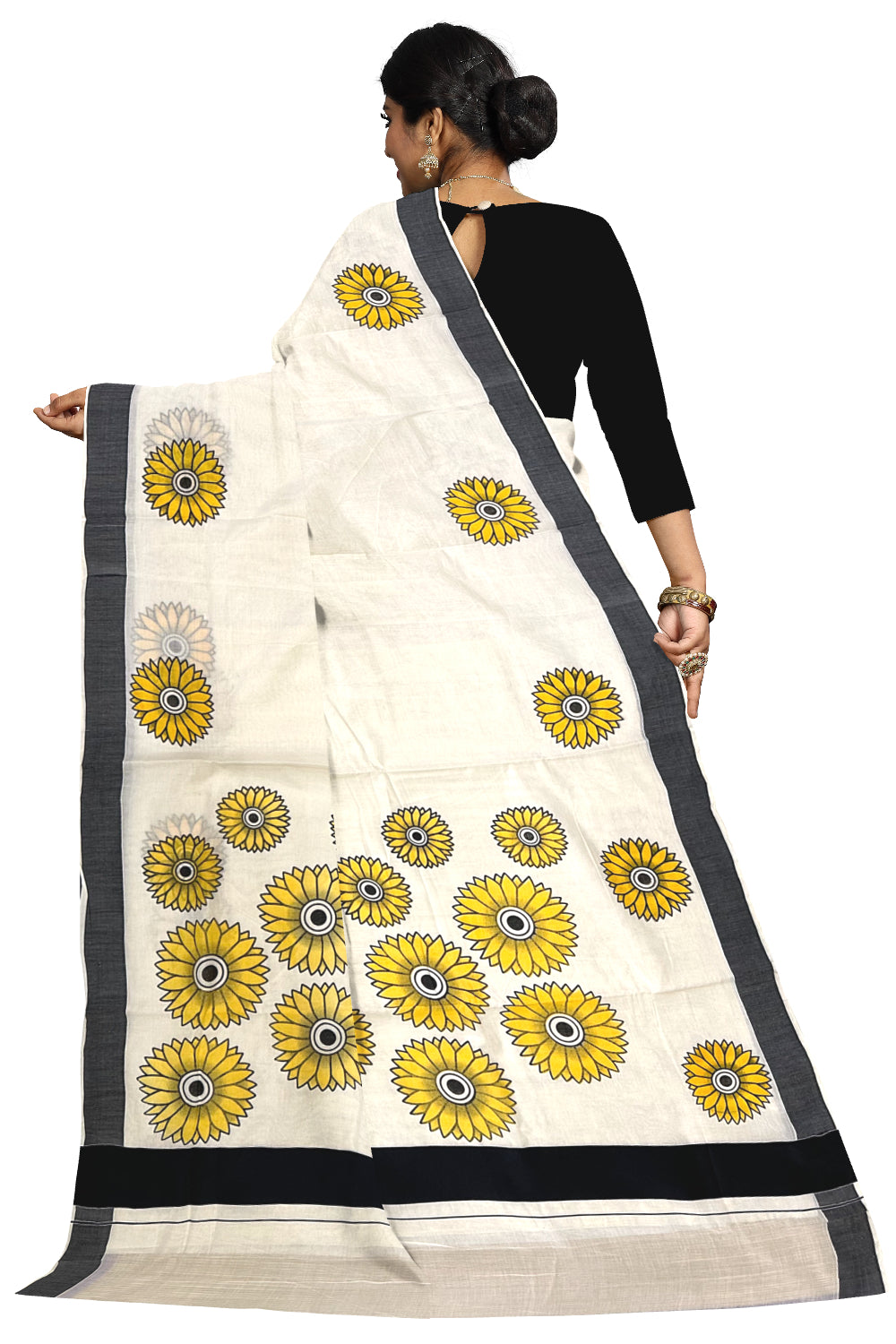 Kerala Cotton Saree with Sunflower Prints on Body and Black Border (Onam Saree 2023)