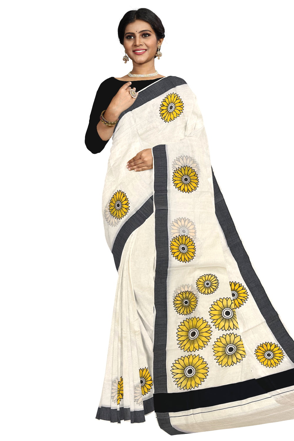 Kerala Cotton Saree with Sunflower Prints on Body and Black Border (Onam Saree 2023)