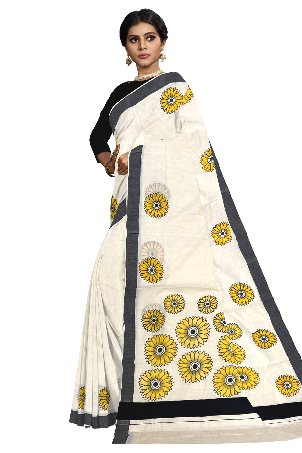 Kerala Cotton Saree with Sunflower Prints on Body and Black Border (Onam Saree 2023)