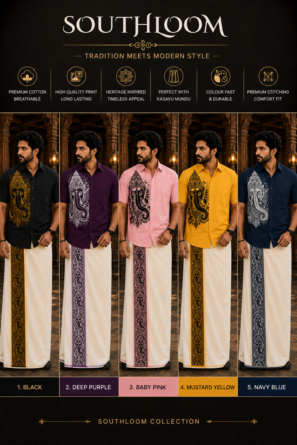 Southloom Ganesha Art Work Men's Combo (Shirt + Mundu ) - PREORDER