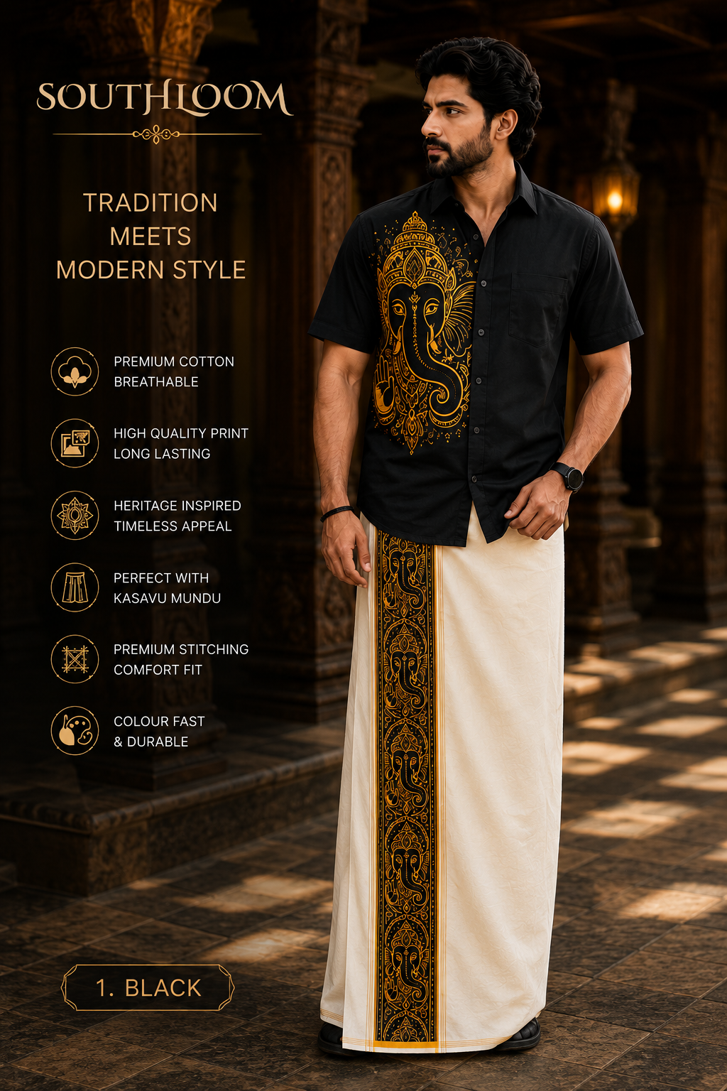 Southloom Ganesha Art Work Men's Combo (Shirt + Mundu ) - PREORDER