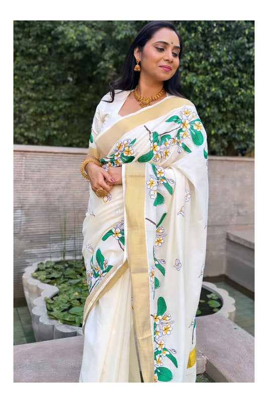 Kerala Cotton Kasavu Saree with White Green and Yellow Floral Embroidery Work