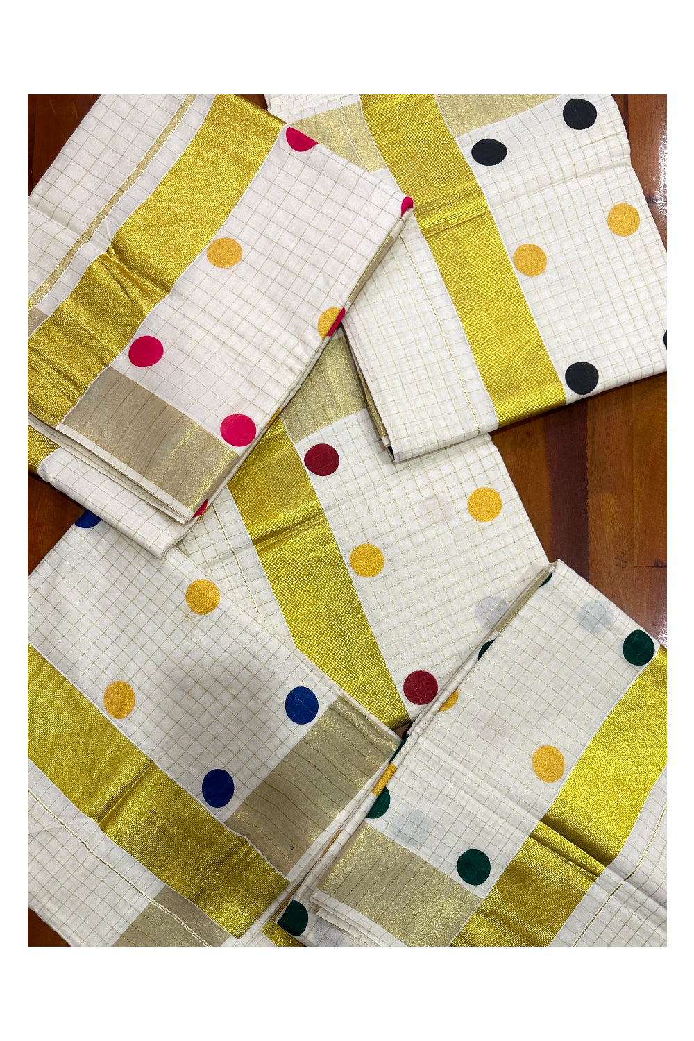 Southloom Micro Check Kasavu Saree with Coloured and Golden Polka Dot Prints Across Body and Print (Onam 2023 Collection)