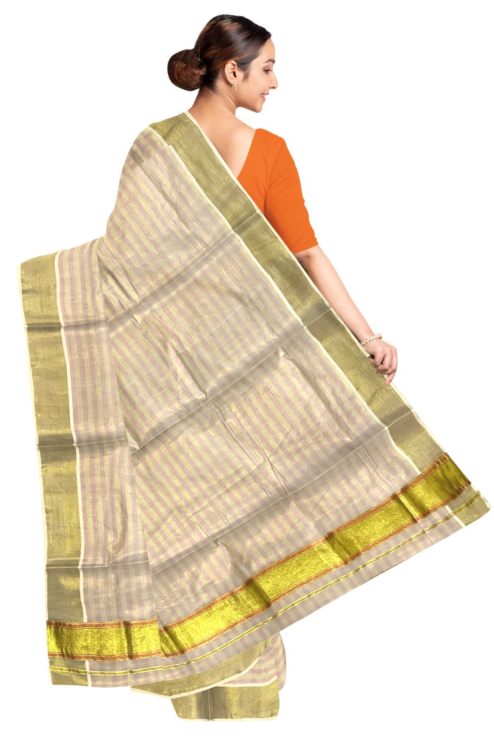 Kerala Copper and Golden Tissue Kasavu Lines Design Saree