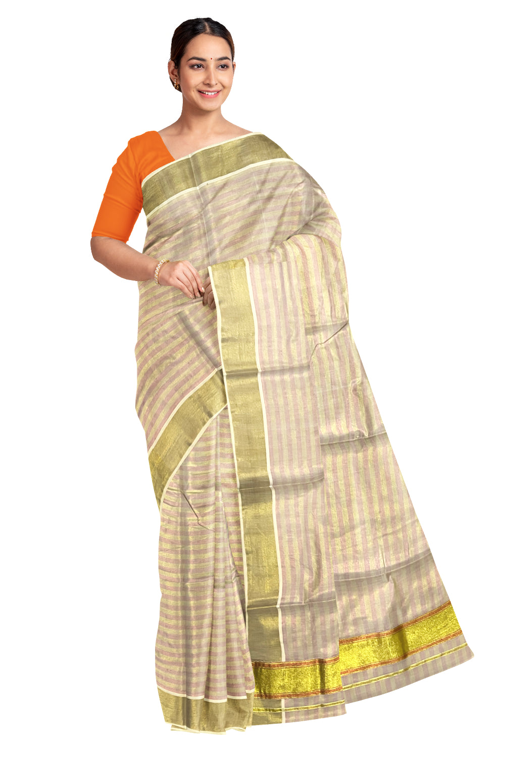 Kerala Copper and Golden Tissue Kasavu Lines Design Saree