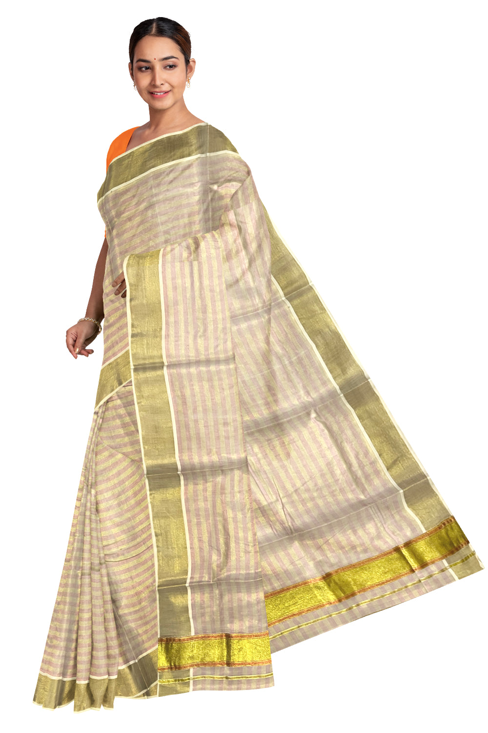 Kerala Copper and Golden Tissue Kasavu Lines Design Saree