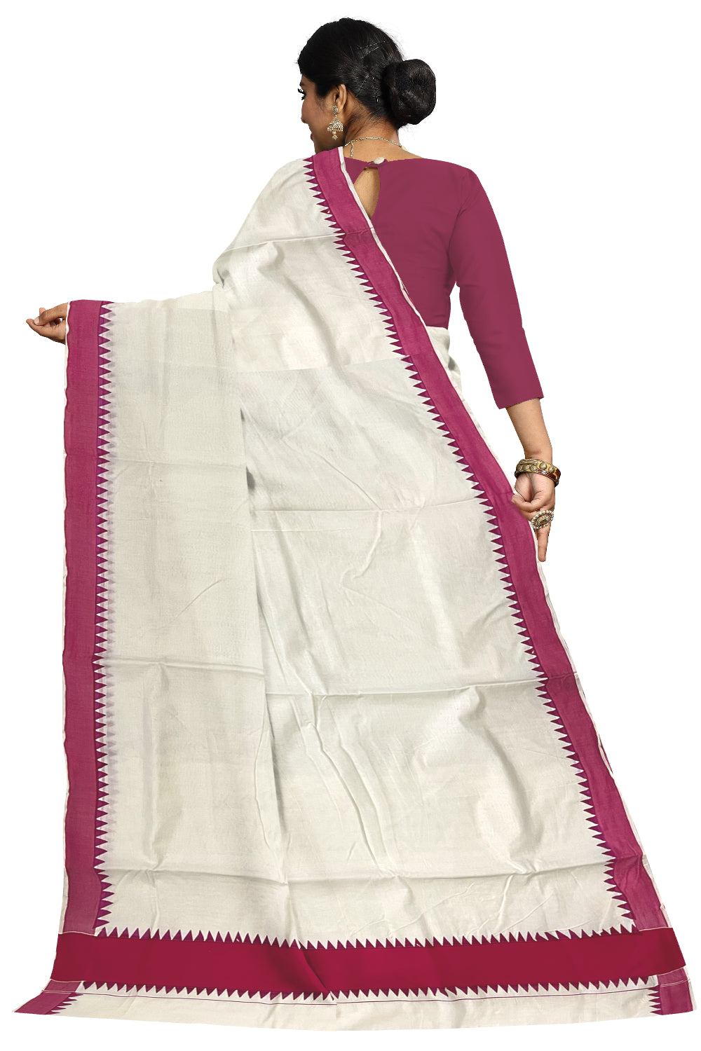 Kerala Pure Cotton Saree with Bright Magenta Temple Block Prints on Border