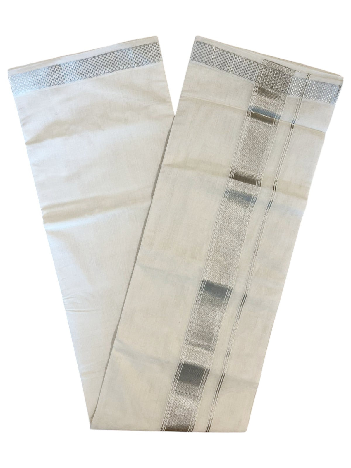 Southloom Premium Handloom Cotton Double Mundu with Silver Kasavu Paa Neythu Border