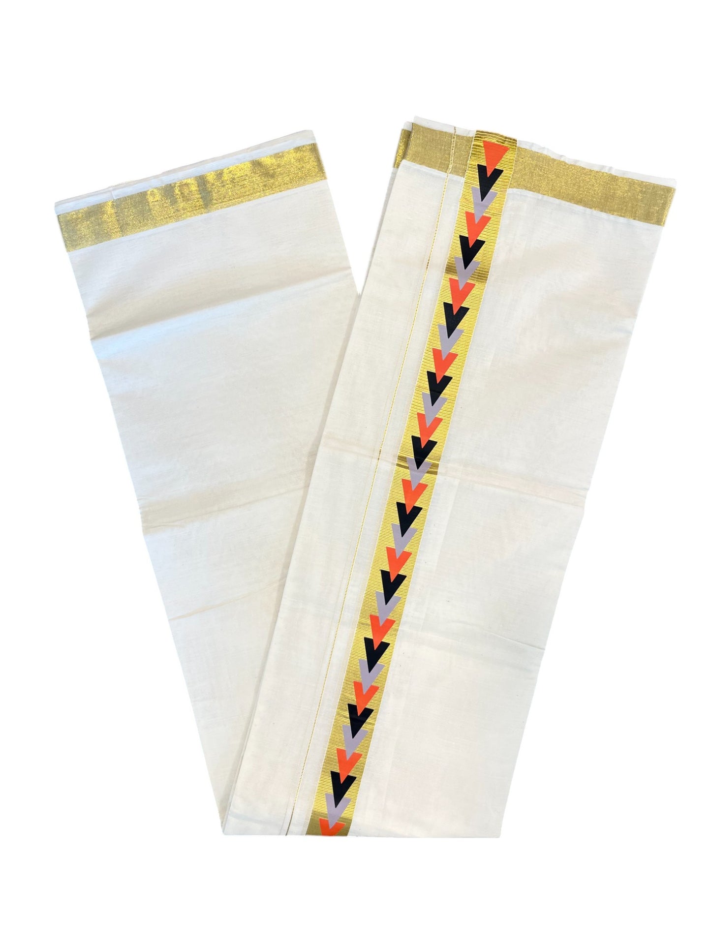 Pure Cotton Off White Double Mundu with Block Prints on Kasavu Kara (South Indian Dhoti)