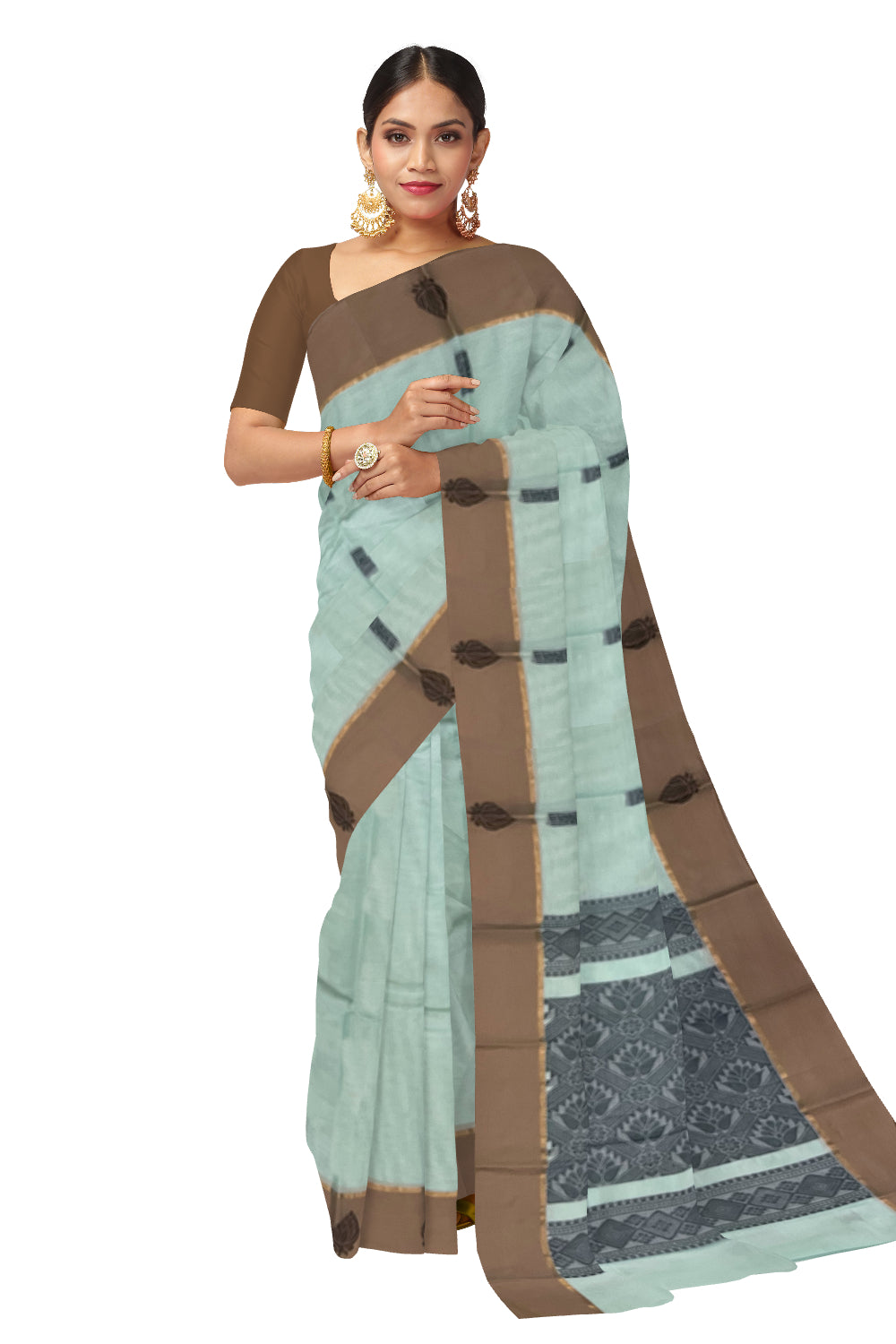 Southloom Cotton Green Saree with Woven Works on Body and Brown Border