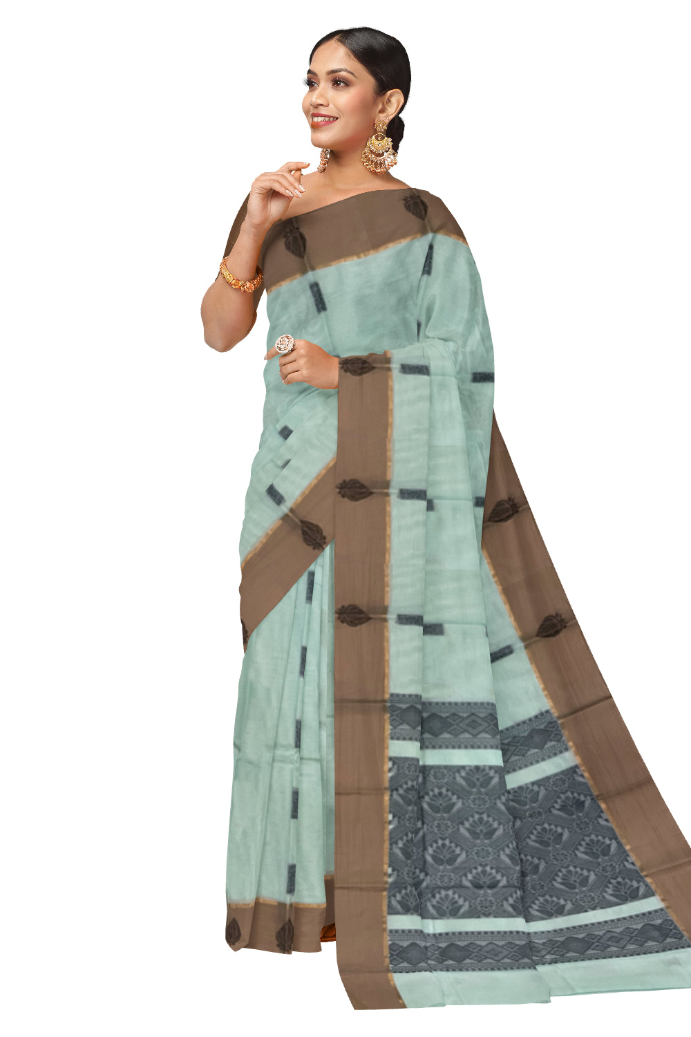 Southloom Cotton Green Saree with Woven Works on Body and Brown Border