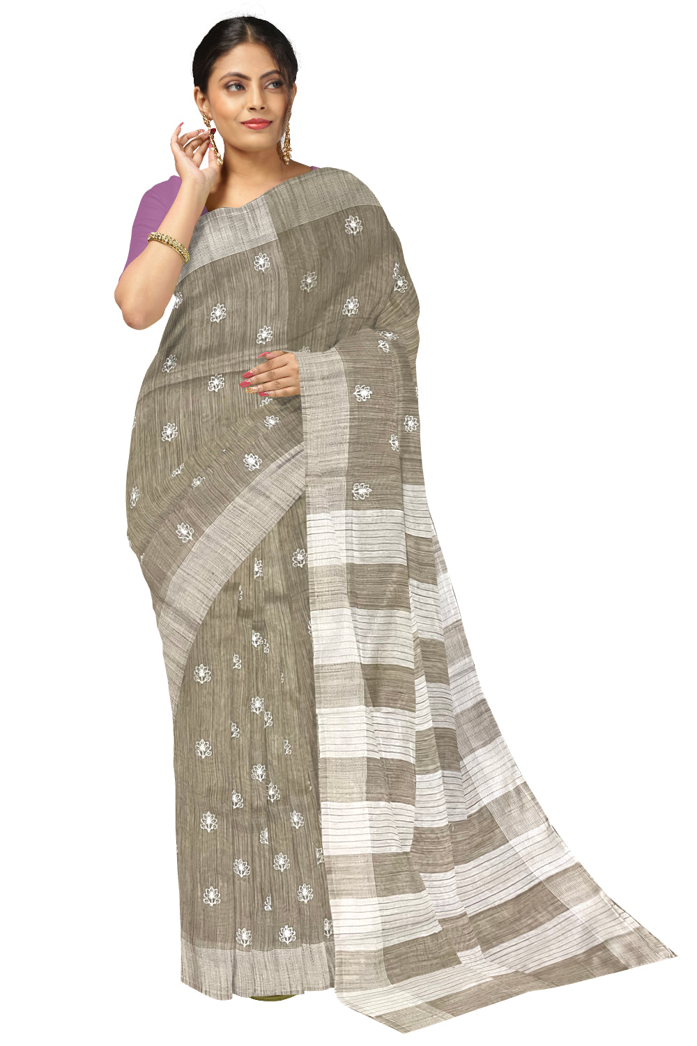 Southloom Cotton Light Brown Designer Saree with Floral Butta Embroidery Work