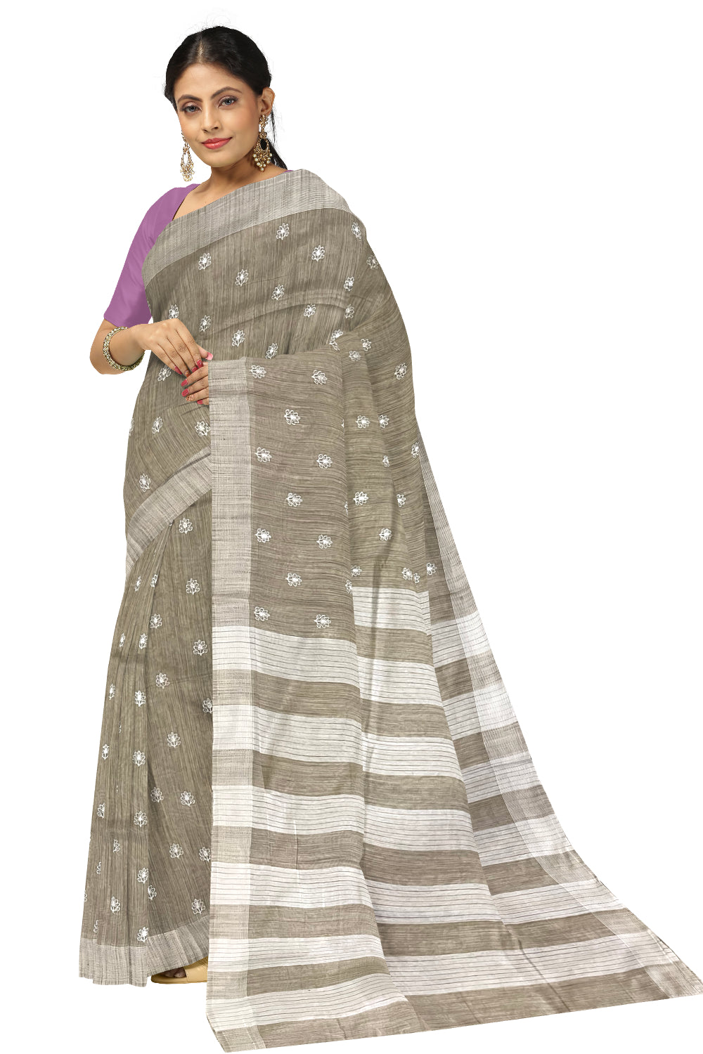 Southloom Cotton Light Brown Designer Saree with Floral Butta Embroidery Work