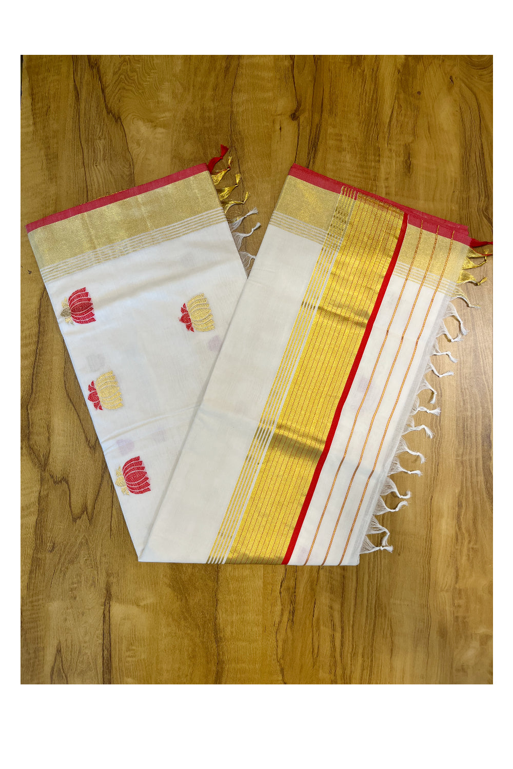 Southloom™ Premium Handloom Cotton Kasavu Saree with Handwoven Gold and Red Lotus Designs