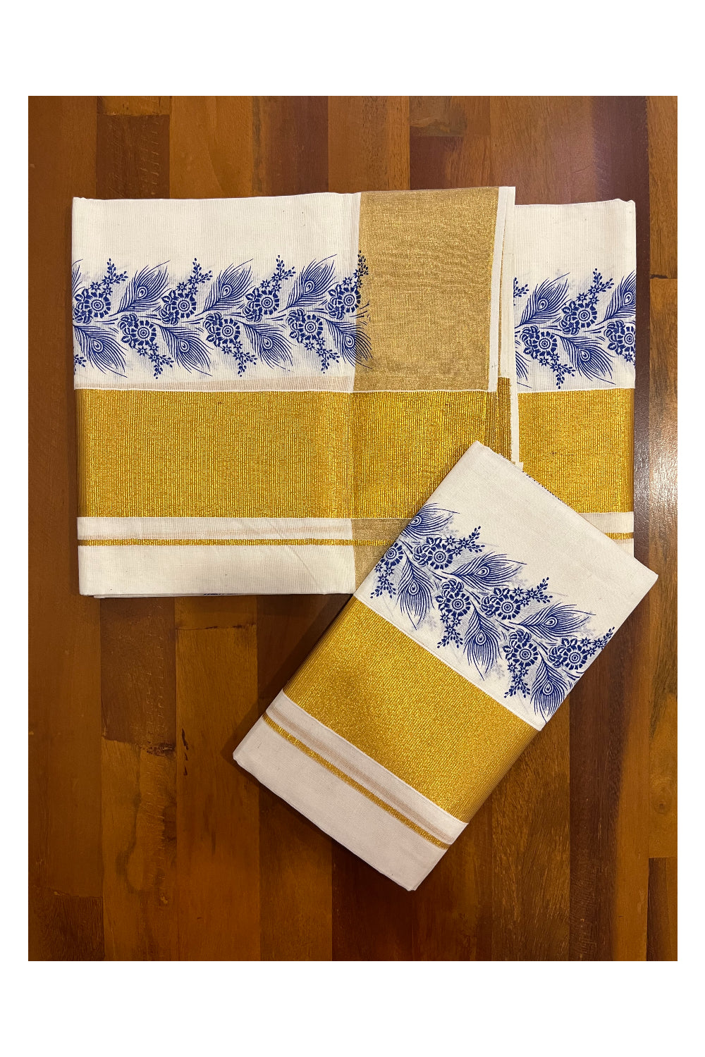 Pure Cotton Kerala Single Set Mundu (Mundum Neriyathum) with Blue Block Printed Kasavu Border (Onam 2023 Set Mundu)