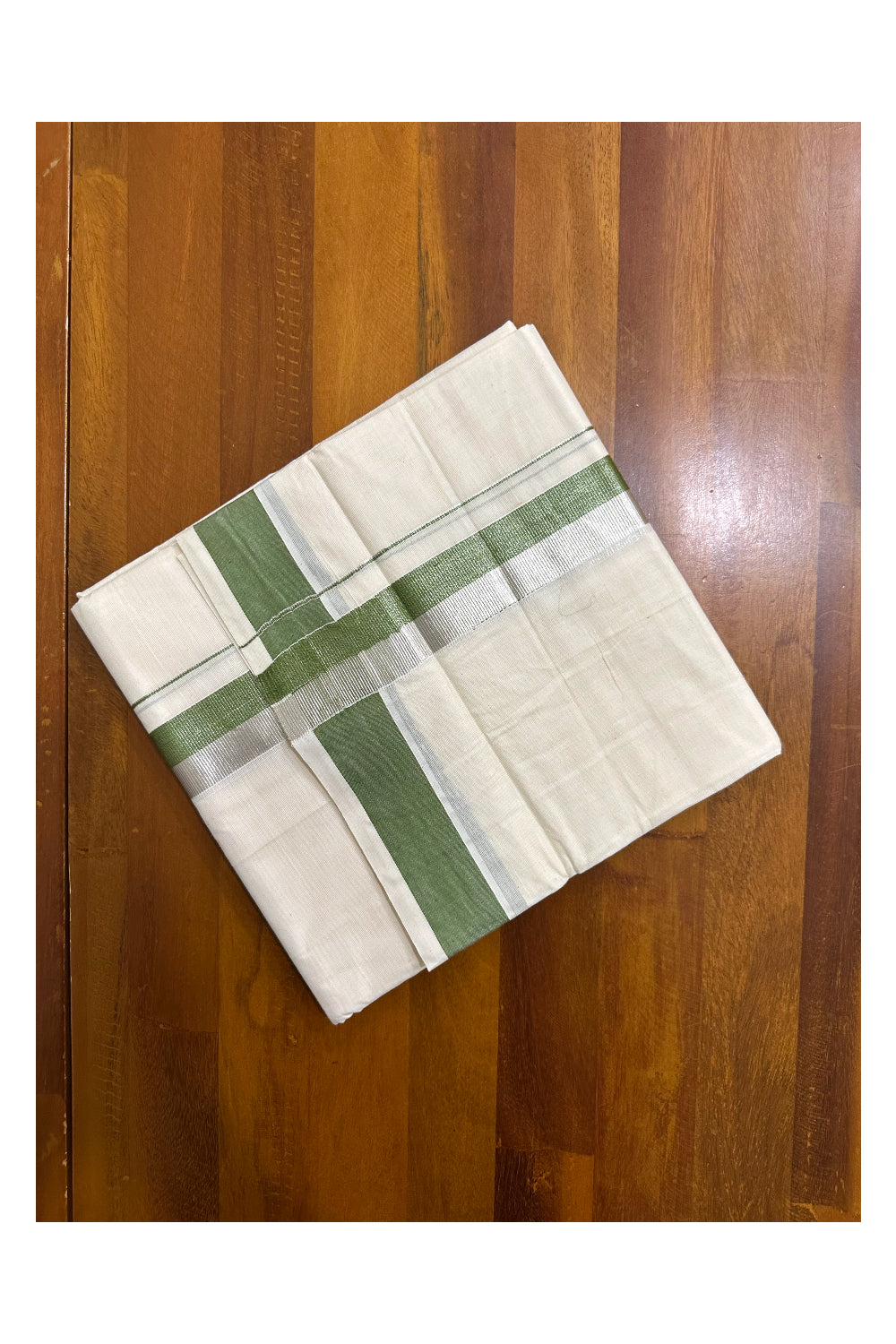 Kerala Pure Cotton Off White Double Mundu with Silver Kasavu And Green Kara (South Indian Kerala Dhoti)