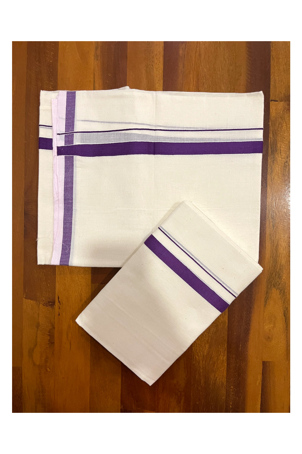 Kerala Cotton Mundum Neriyathum Single (Set Mundu) with Violet 0.5 inch Kara 2.75 Mtrs