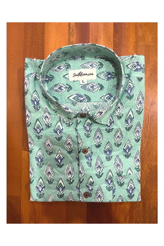 Southloom Jaipur Cotton Green Shirt with Floral Hand Block Printed Design (Full Sleeves)