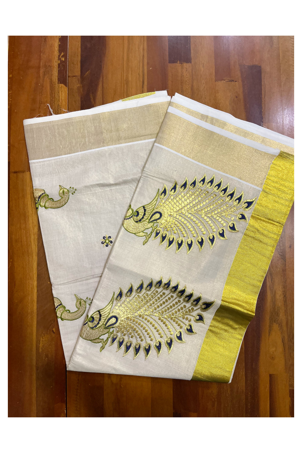 Kerala Tissue Dark Blue and Golden Peacock Embroidery Work Kasavu Saree (Vishu 2024 Collection)