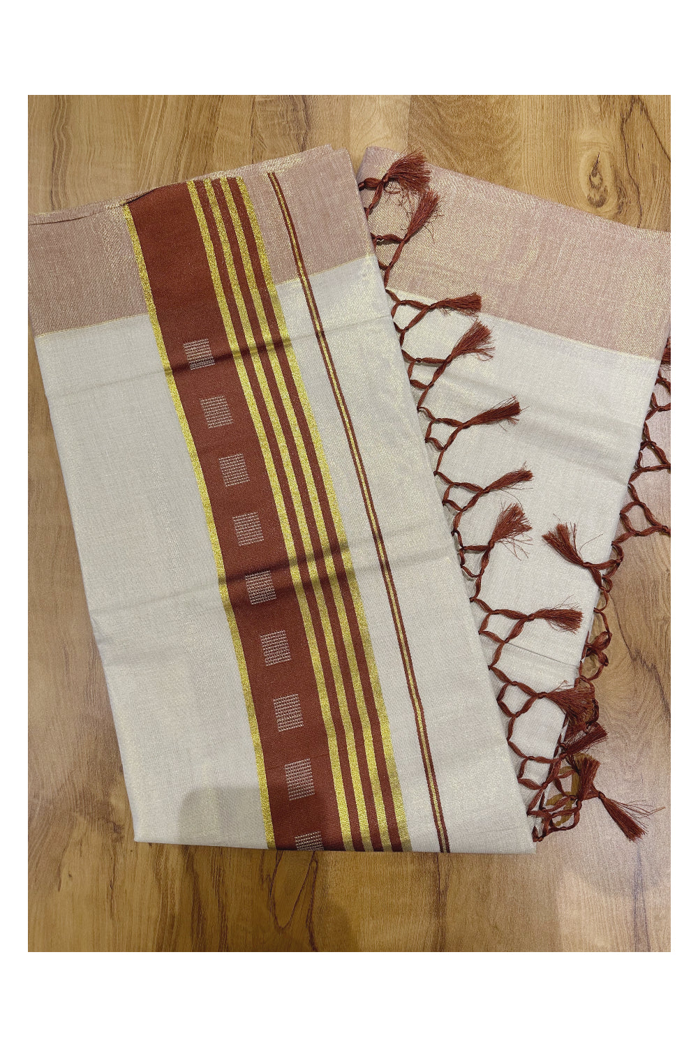 Kerala Tissue Saree with Kasavu Brown Border and Tassels Works on Pallu (Onam Saree 2023)