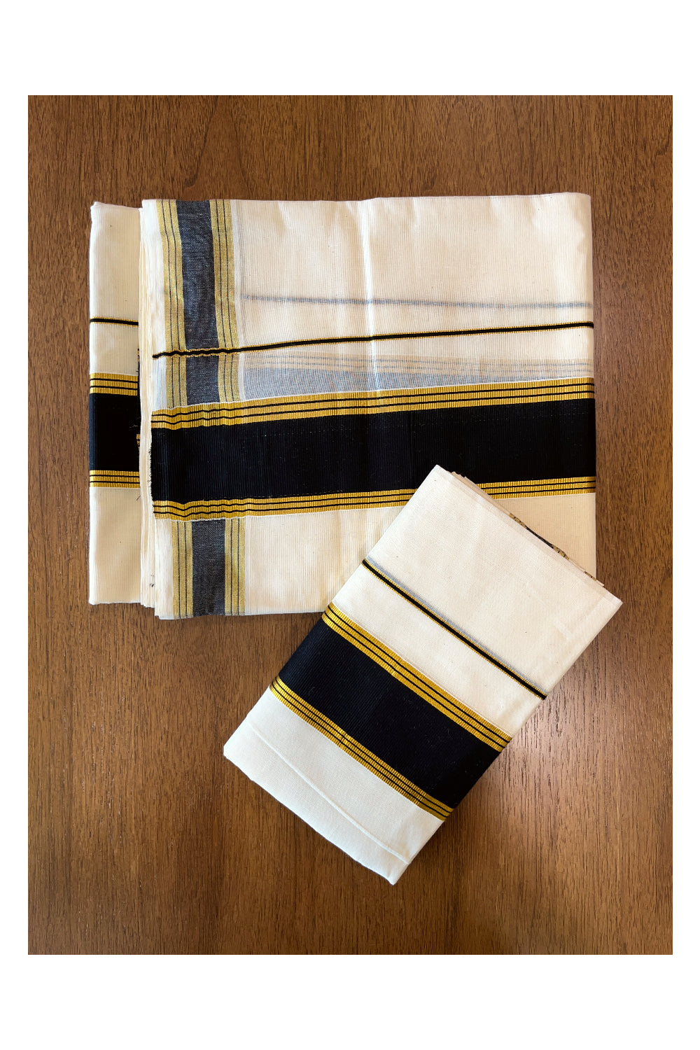 Cotton Mundum Neriyathum Double (Set Mundu) with Black and Kasavu Border 2.80 Mtrs