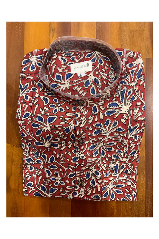 Southloom Jaipur Cotton Maroon Blue Floral Hand Block Printed Shirt (Half Sleeves)