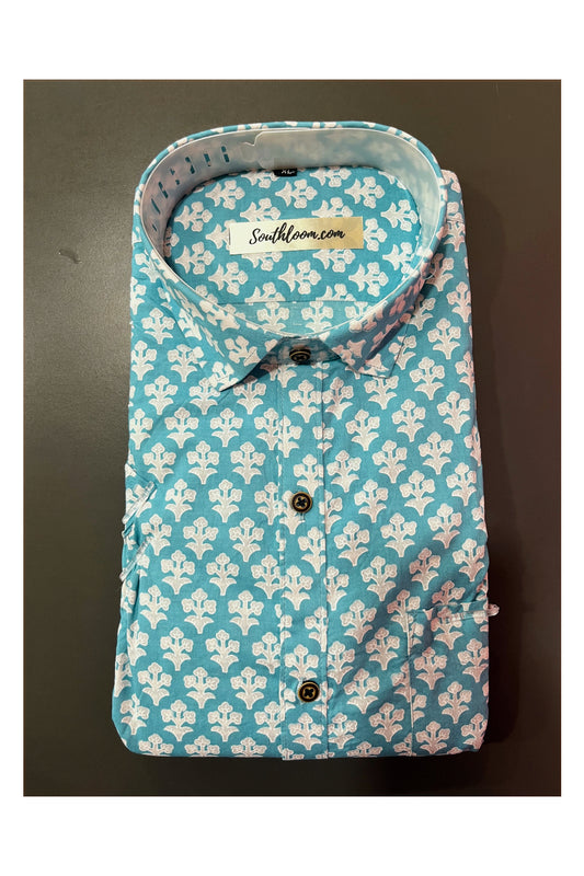 Southloom Jaipur Cotton Light Blue Hand Block Printed Shirt (Half Sleeves)