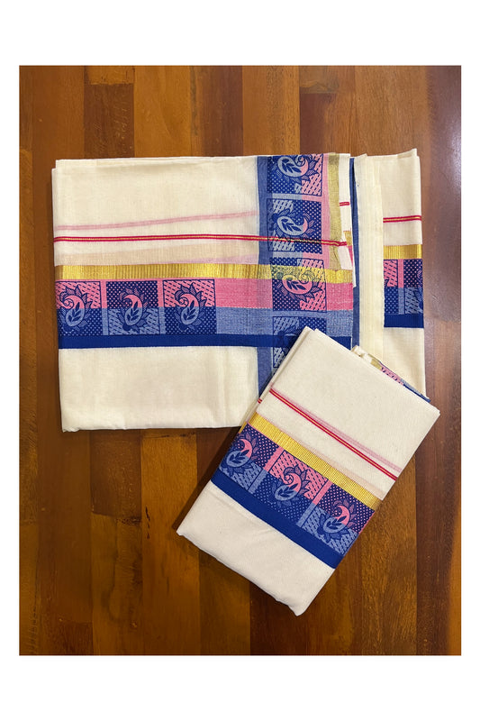 Kerala Cotton Kasavu Single Set Mundu (Mundum Neriyathum) with Pink and Blue Kara and Block Prints