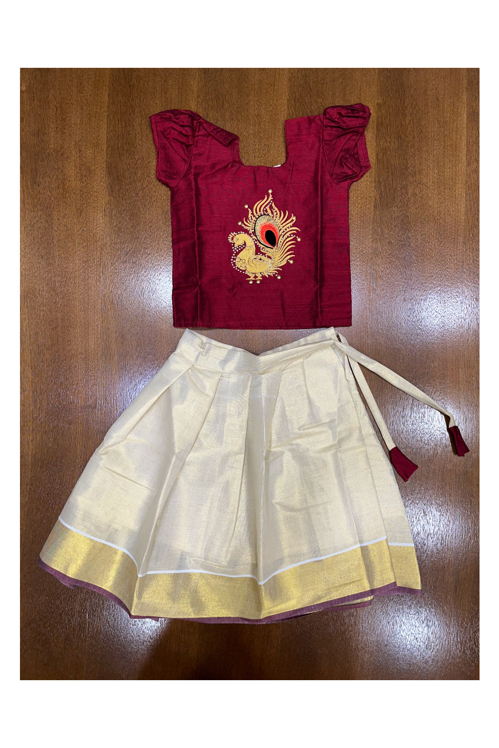 Southloom Kerala Pavada Blouse with Maroon Peacock Bead Work Design (Age - 2 Year)