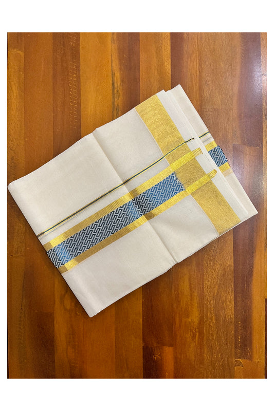 Southloom Premium Handloom Pure Cotton Mundu with Golden and Blue Kasavu Woven Border (Vishu 2024 Collection)