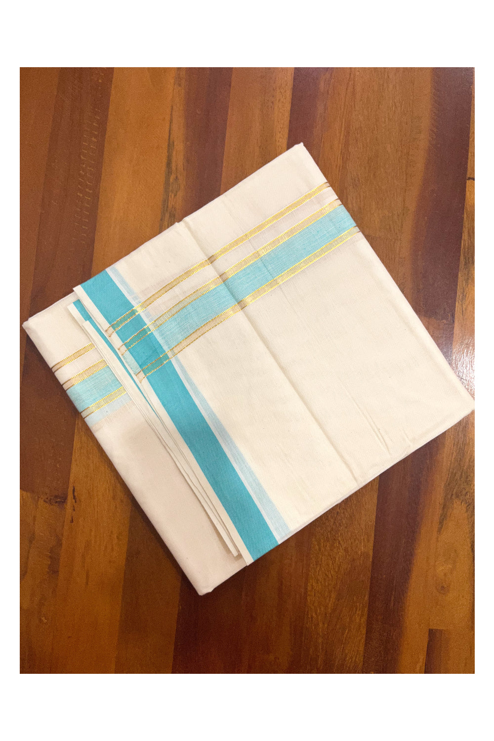 Kerala Cotton Double Mundu with Turquoise and Kasavu Border (Onam Mundu 2023)