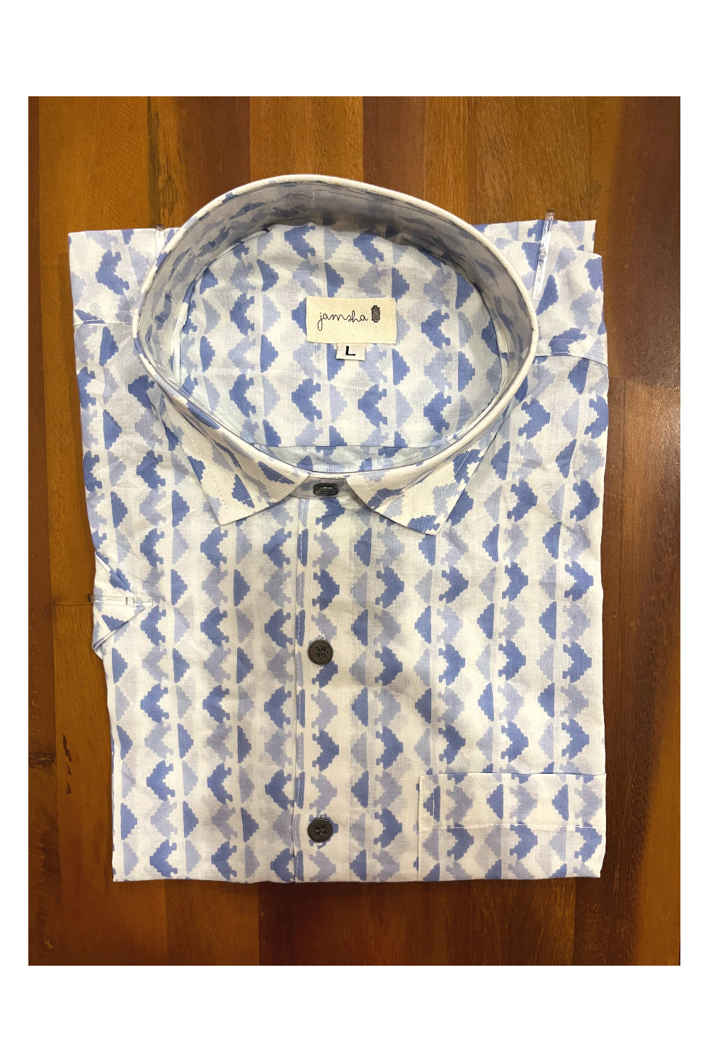 Southloom Jaipur Cotton Blue White Hand Block Printed Shirt (Half Sleeves)